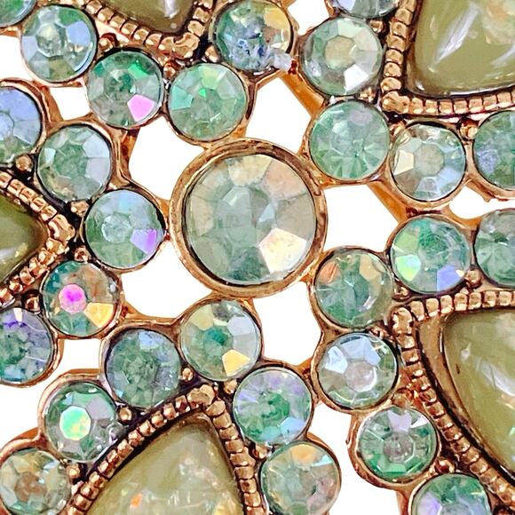 VTG 1960s Brooch Green Cabochons Rhinestones Starburst Sparkling Opal-Look MCM - Picture 3 of 15